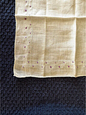 Cotton Square Handkerchief White w/ Purple Embroidered Polka Dot Border